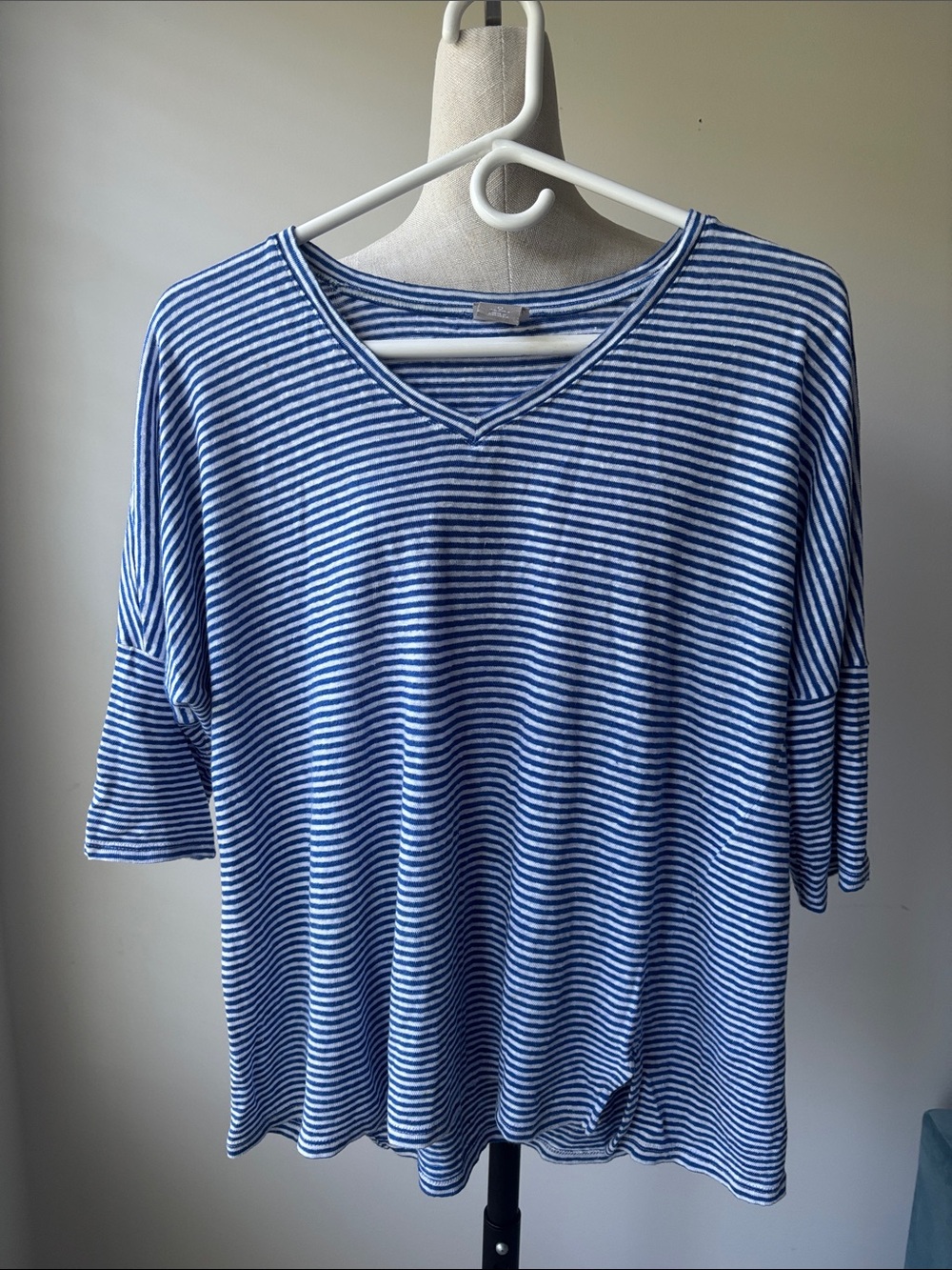 Chicos Top Tee Shirt Women Small Navy White Linen Blend Nautical Stripes Coastal